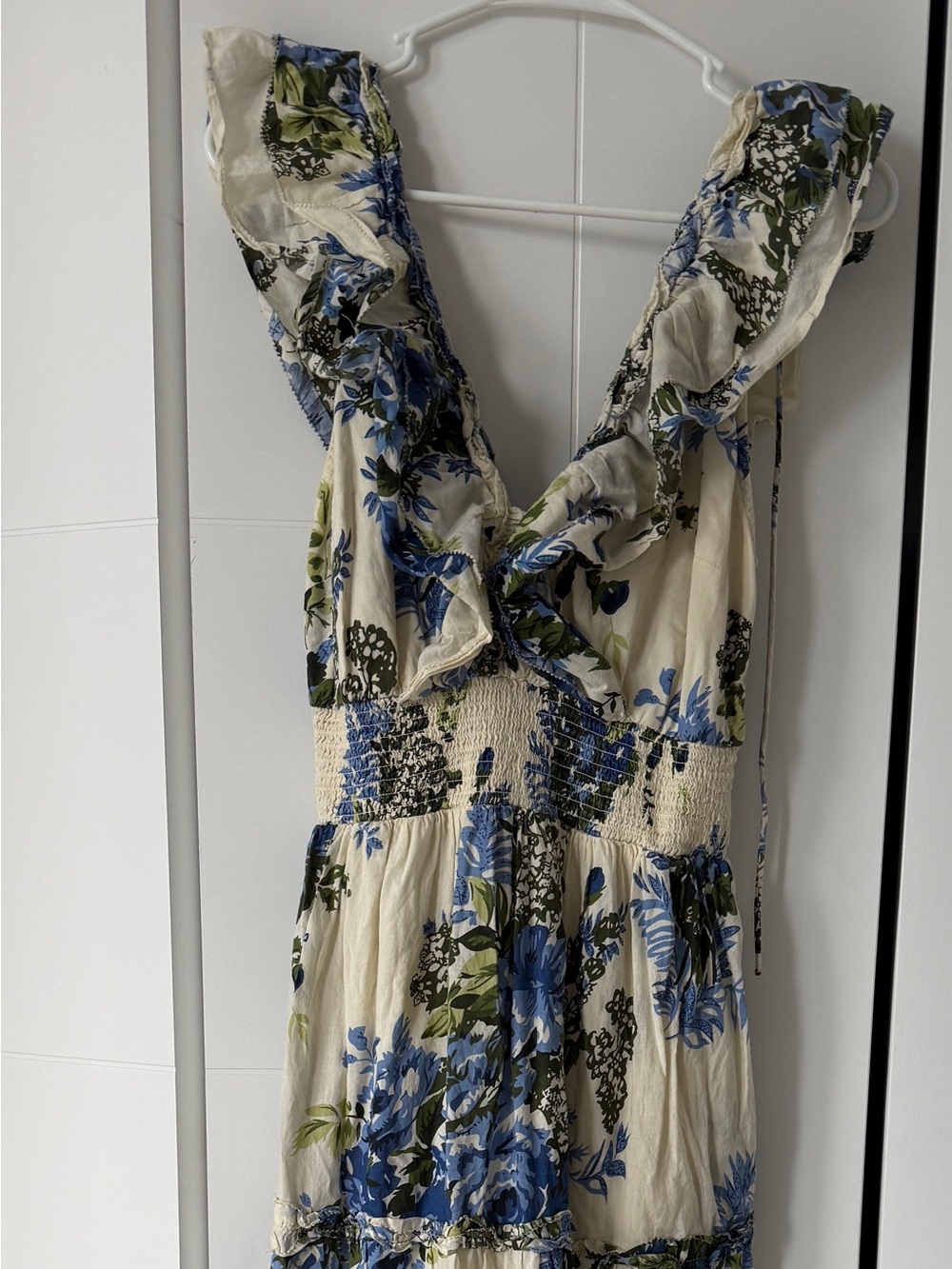 Caroline Constas Cream Maxi Dress with Blue and Green Floral Print